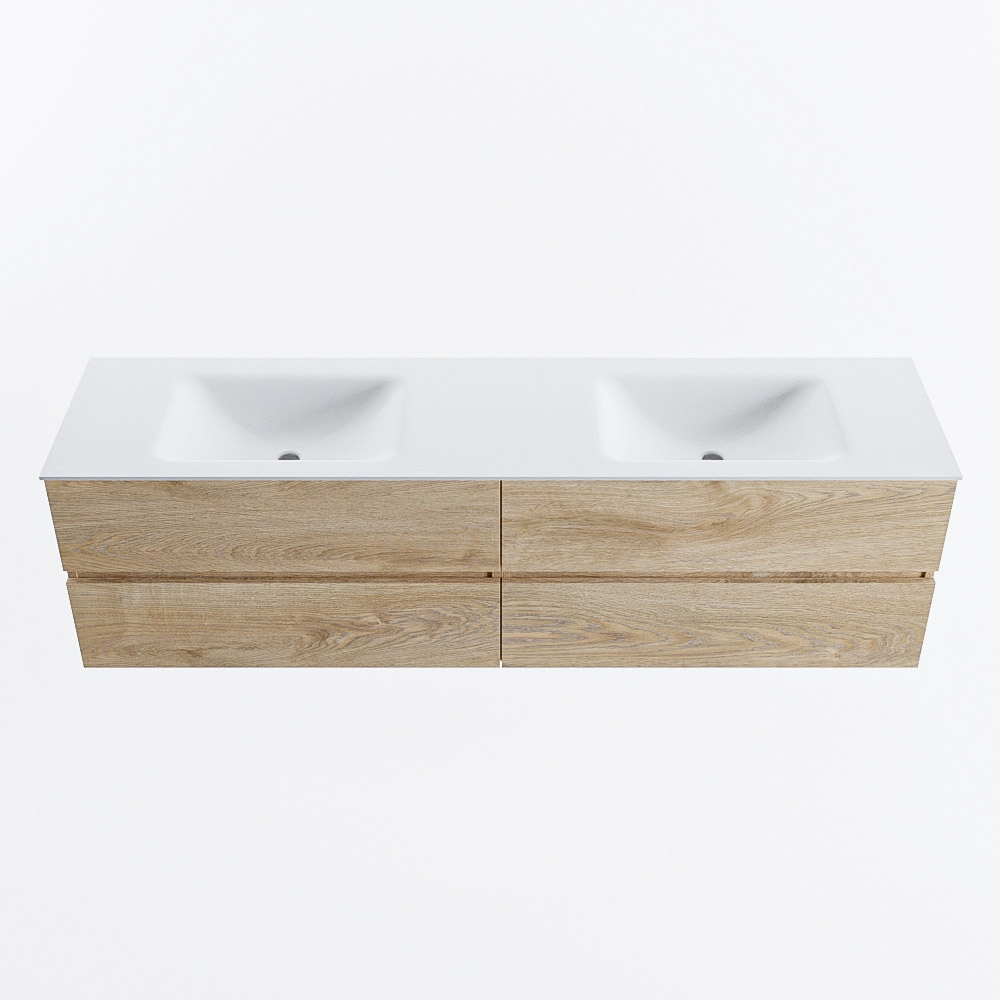 Mondiaz VICA 180cm badmeubel onderkast Washed Oak 4 lades. Wastafel CLOUD dubbel 2 kraangaten, kleur Talc.