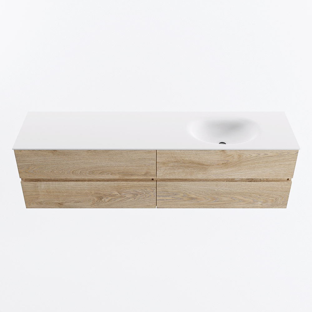 Mondiaz VICA 180cm badmeubel onderkast Washed Oak 4 lades. Wastafel MOON rechts zonder kraangat, kleur Talc.