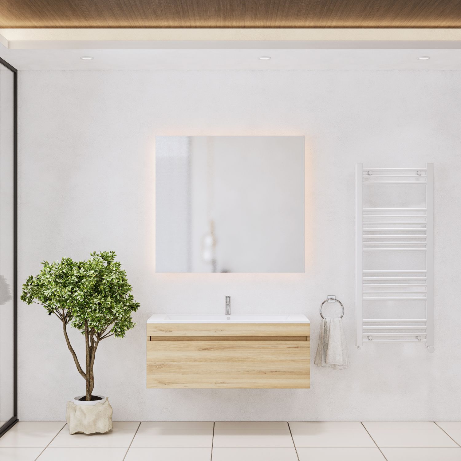 Gliss Design Badkamermeubelset  Anelius 100cm Natural Oak (Keuze uit wastafel, kraangaten & spiegel)