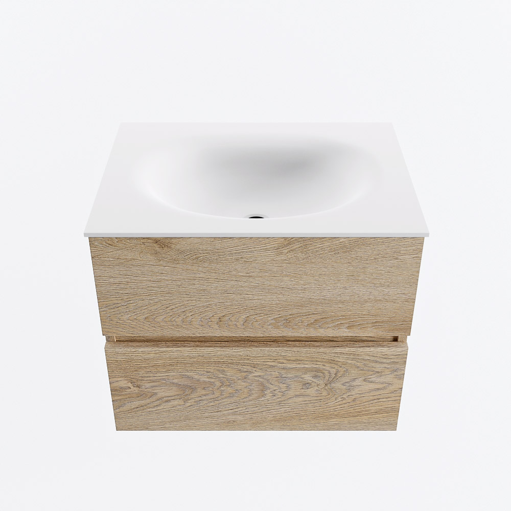 Mondiaz VICA 60cm badmeubel onderkast Washed Oak 2 lades. Wastafel MOON midden zonder kraangat, kleur Talc.