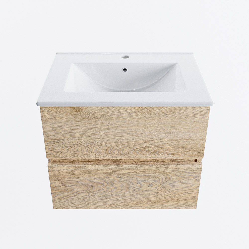 Mondiaz VICA 60cm badmeubel onderkast Washed Oak 2 lades. Wastafel DENIA midden 1 kraangat, kleur Glanzend Wit.