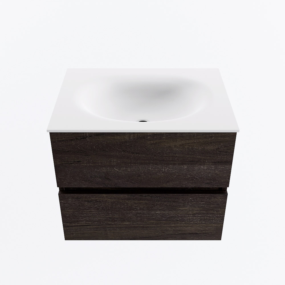 Mondiaz VICA 60cm badmeubel onderkast Dark Brown 2 lades. Wastafel MOON midden 1 kraangat, kleur Talc.