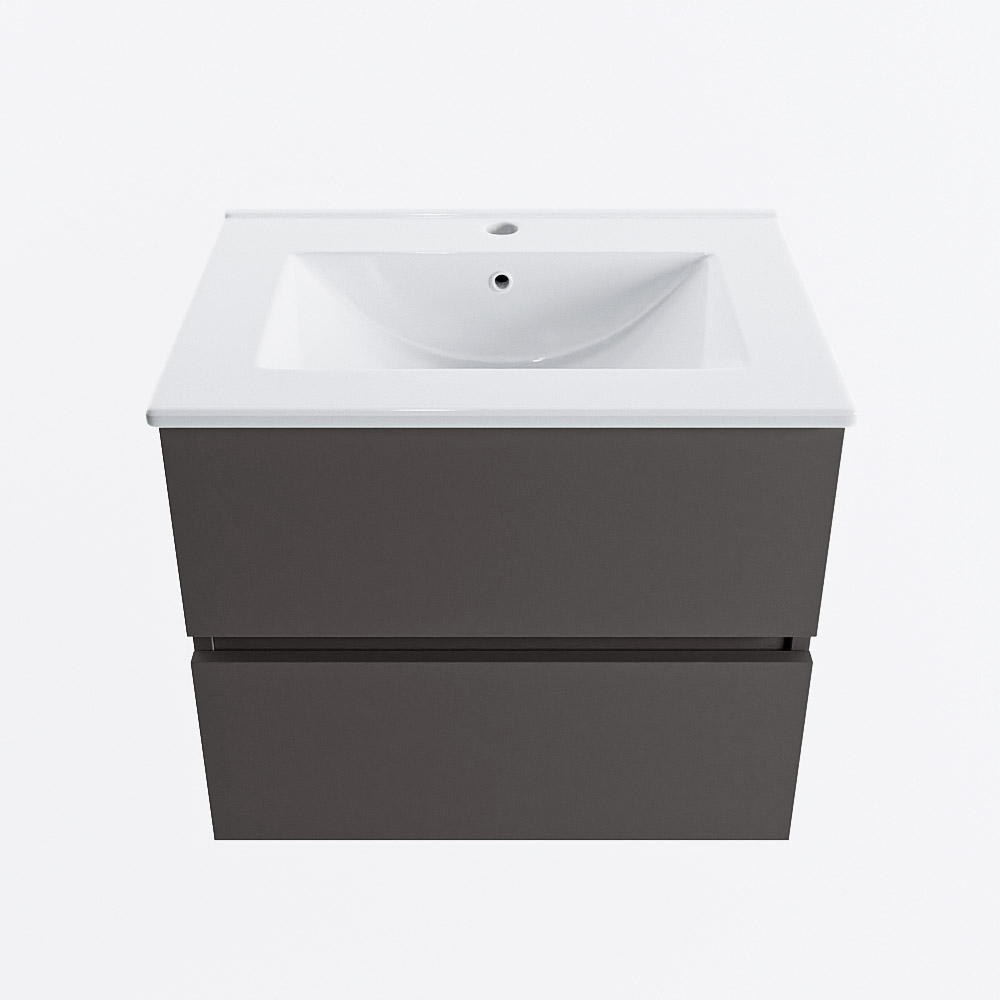 Mondiaz VICA 60cm badmeubel onderkast Dark Grey 2 lades. Wastafel DENIA midden 1 kraangat, kleur Glanzend Wit.