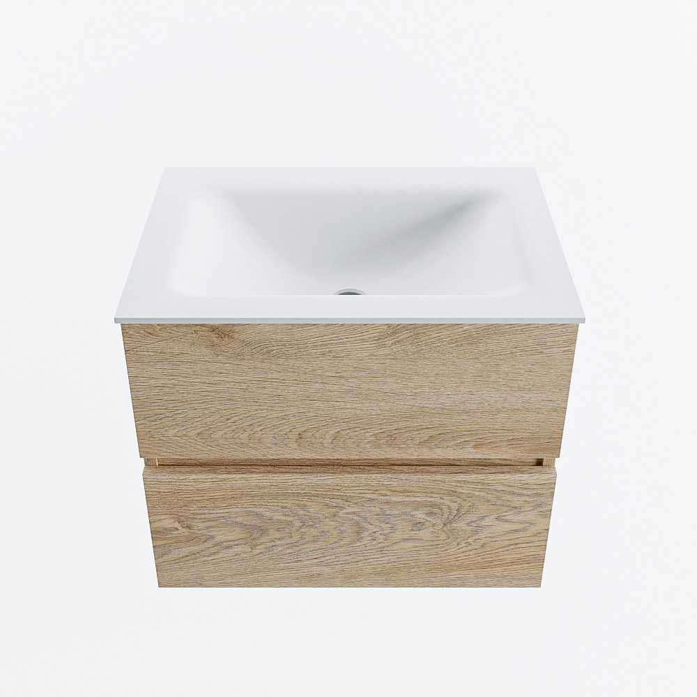 Mondiaz VICA 60cm badmeubel onderkast Washed Oak 2 lades. Wastafel CLOUD midden 1 kraangat, kleur Talc.