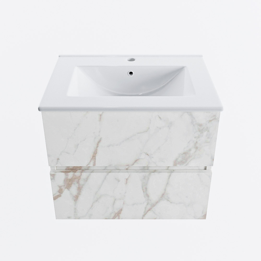 Mondiaz VICA 60cm badmeubel onderkast Carrara 2 lades. Wastafel DENIA midden 1 kraangat, kleur Glanzend Wit.