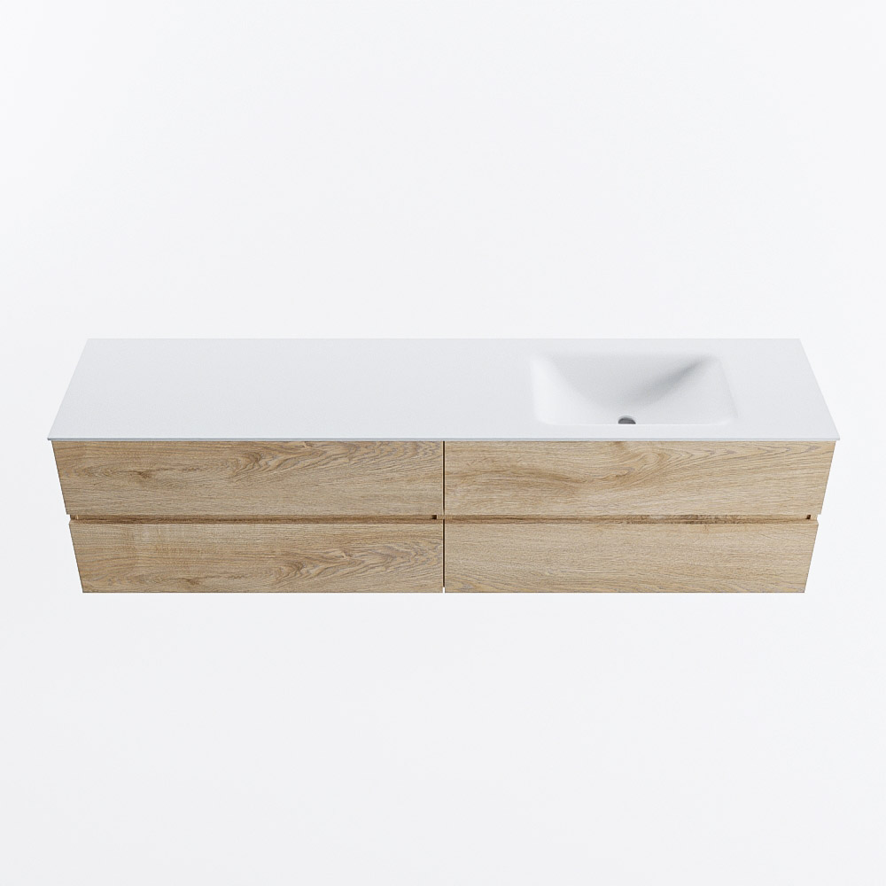 Mondiaz VICA 190cm badmeubel onderkast Washed Oak 4 lades. Wastafel CLOUD rechts zonder kraangat, kleur Talc.
