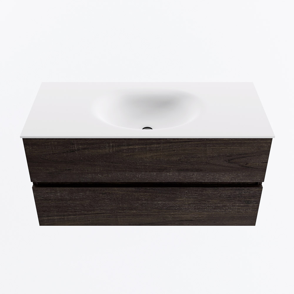 Mondiaz VICA 100cm badmeubel onderkast Dark Brown 2 lades. Wastafel MOON midden 1 kraangat, kleur Talc.