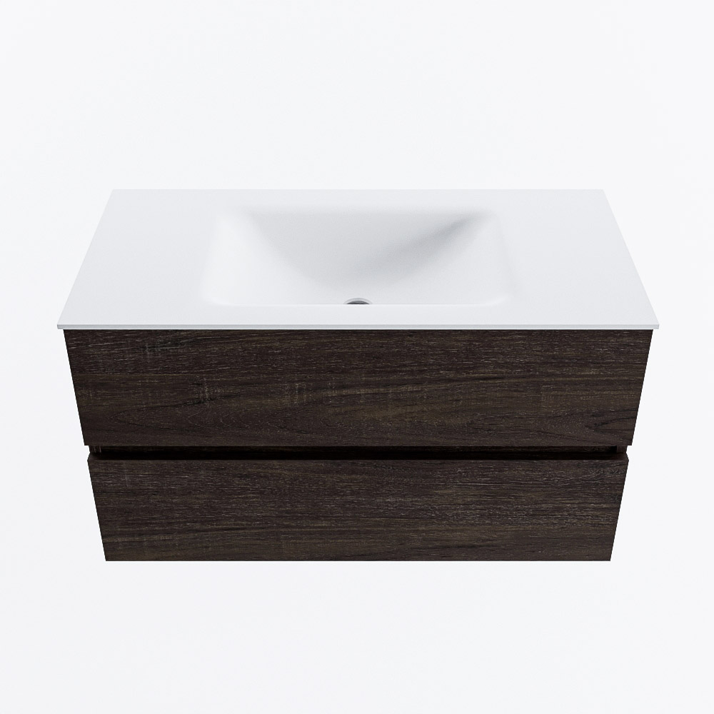 Mondiaz VICA 90cm badmeubel onderkast Dark Brown 2 lades. Wastafel CLOUD midden zonder kraangat, kleur Talc.