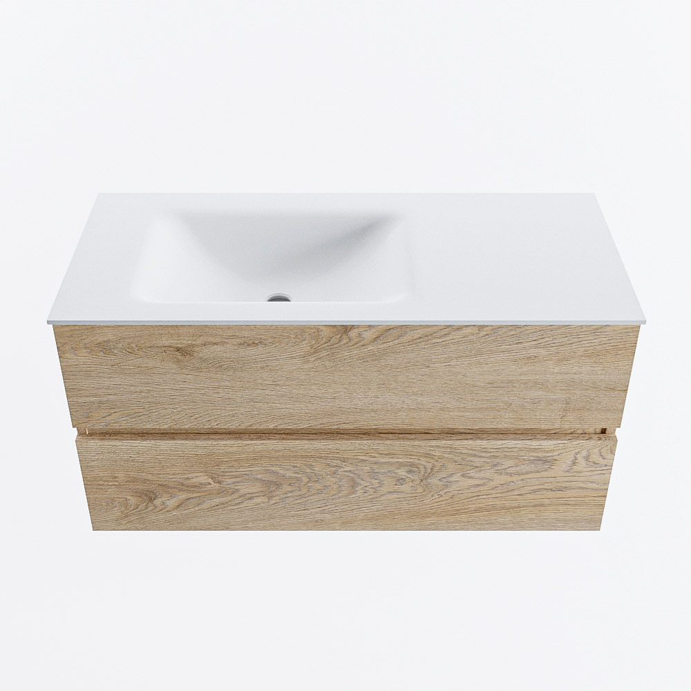 Mondiaz VICA 100cm badmeubel onderkast Washed Oak 2 lades. Wastafel CLOUD links zonder kraangat, kleur Talc.