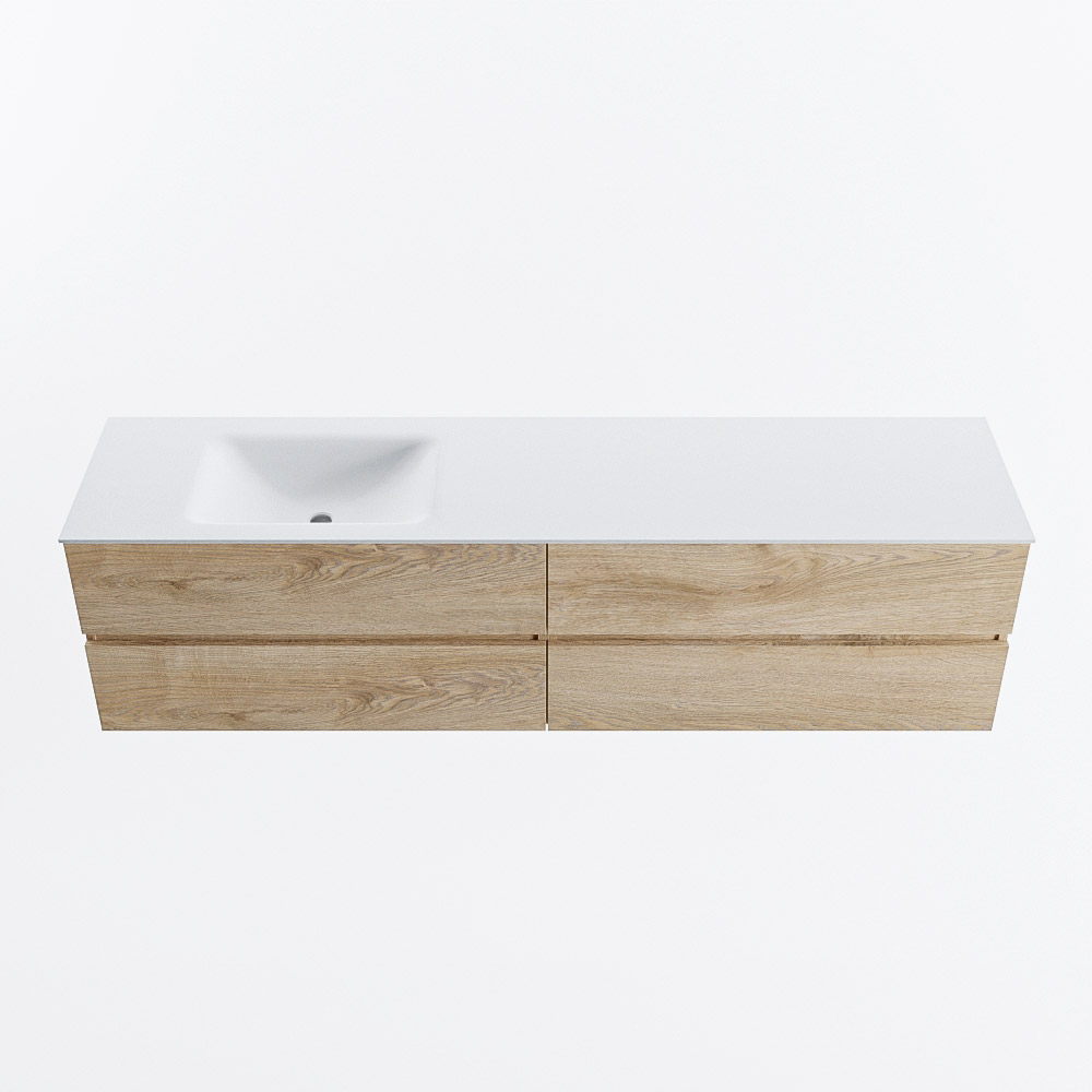 Mondiaz VICA 190cm badmeubel onderkast Washed Oak 4 lades. Wastafel CLOUD links zonder kraangat, kleur Talc.