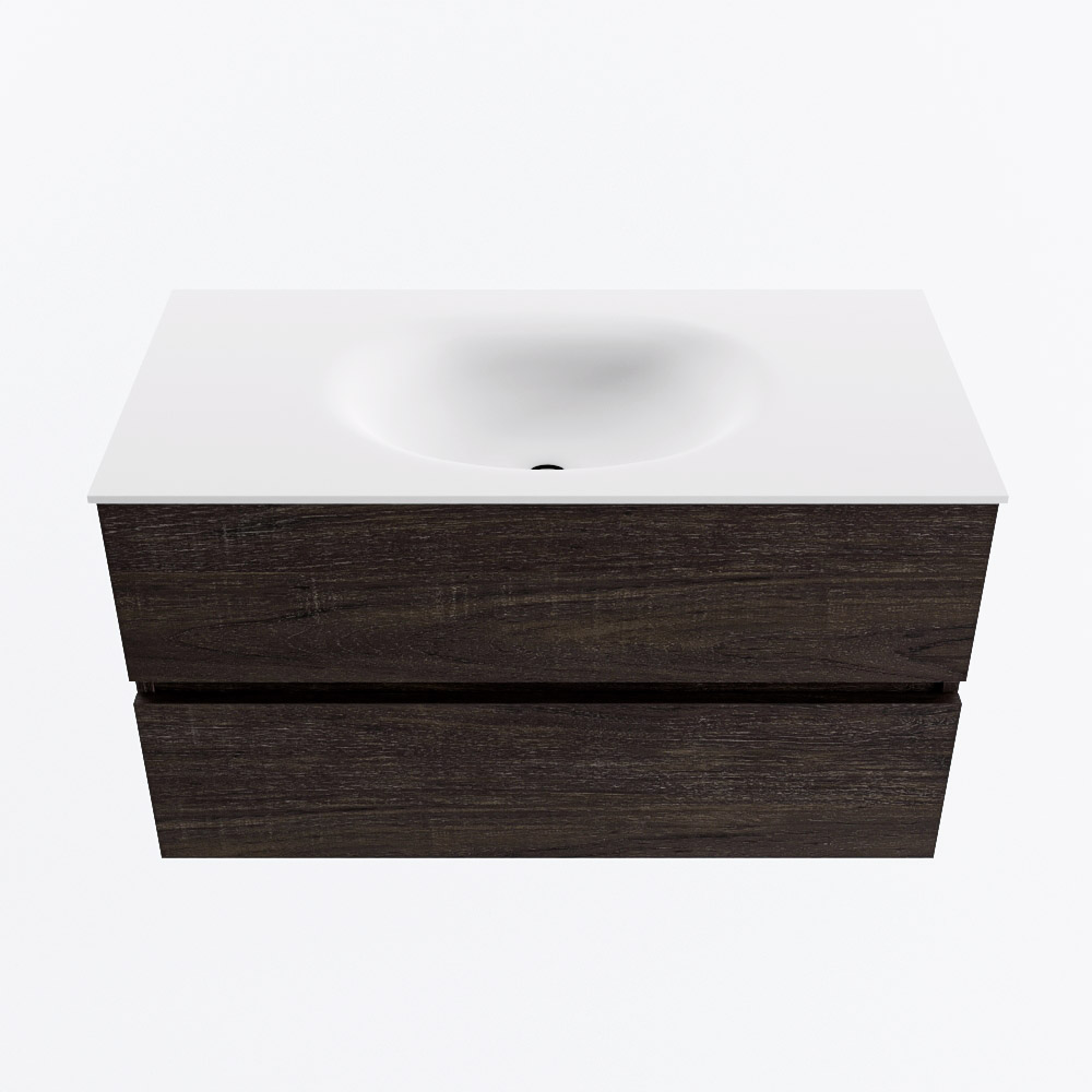 Mondiaz VICA 90cm badmeubel onderkast Dark Brown 2 lades. Wastafel MOON midden zonder kraangat, kleur Talc.