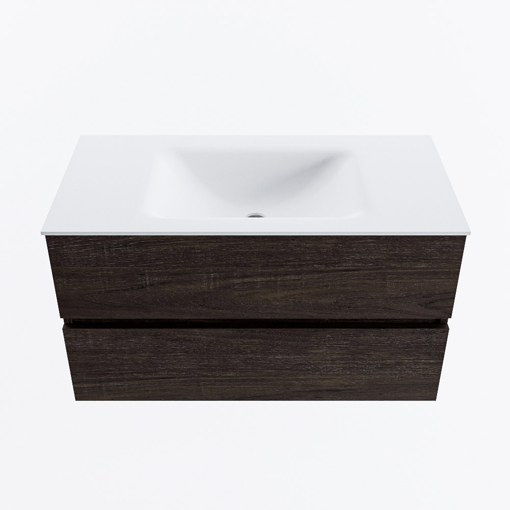 Mondiaz VICA 90cm badmeubel onderkast Dark Brown 2 lades. Wastafel CLOUD midden 1 kraangat, kleur Talc.
