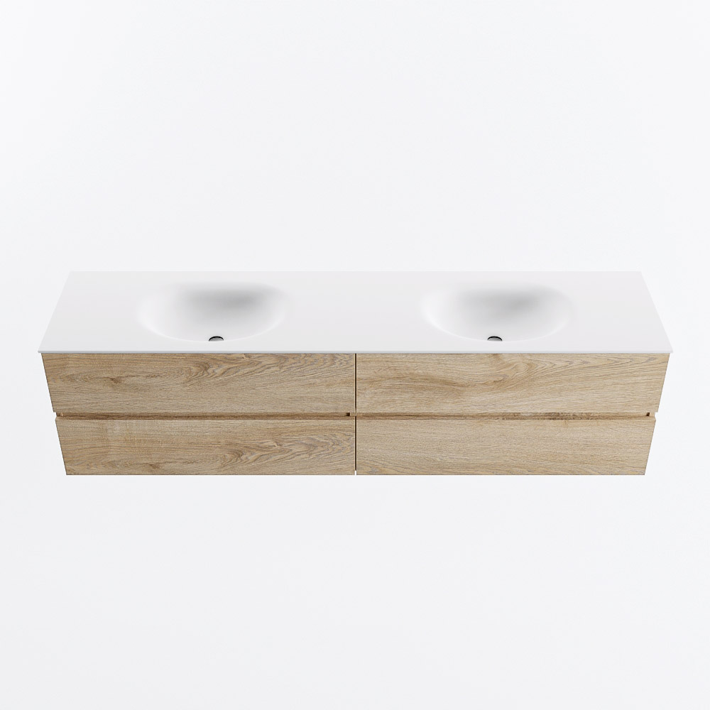 Mondiaz VICA 190cm badmeubel onderkast Washed Oak 4 lades. Wastafel MOON dubbel zonder kraangat, kleur Talc.