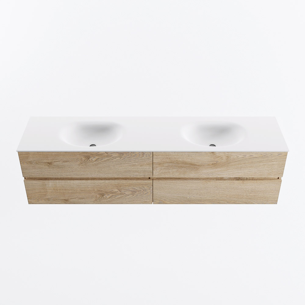 Mondiaz VICA 190cm badmeubel onderkast Washed Oak 4 lades. Wastafel MOON dubbel 2 kraangaten, kleur Talc.