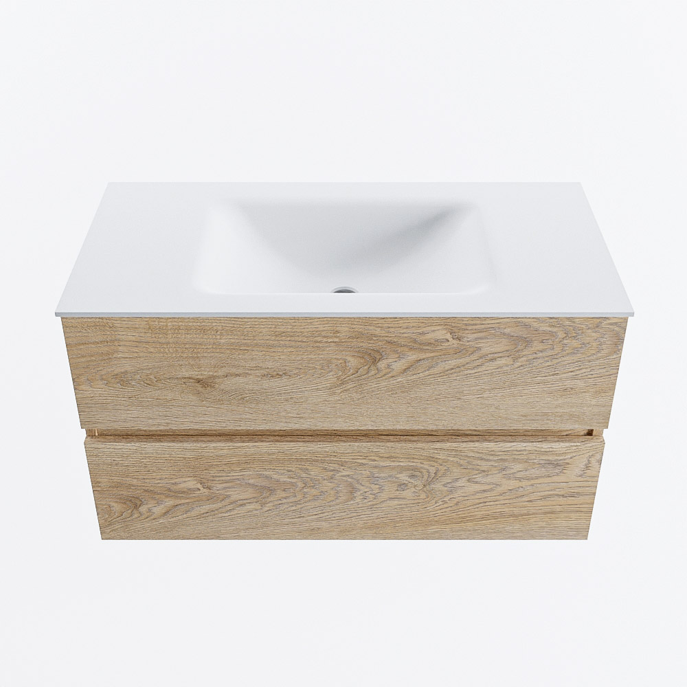 Mondiaz VICA 90cm badmeubel onderkast Washed Oak 2 lades. Wastafel CLOUD midden zonder kraangat, kleur Talc.