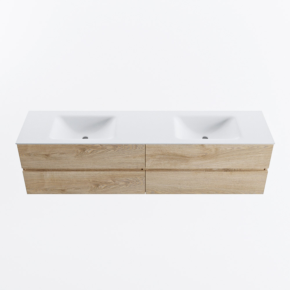 Mondiaz VICA 190cm badmeubel onderkast Washed Oak 4 lades. Wastafel CLOUD dubbel zonder kraangat, kleur Talc.