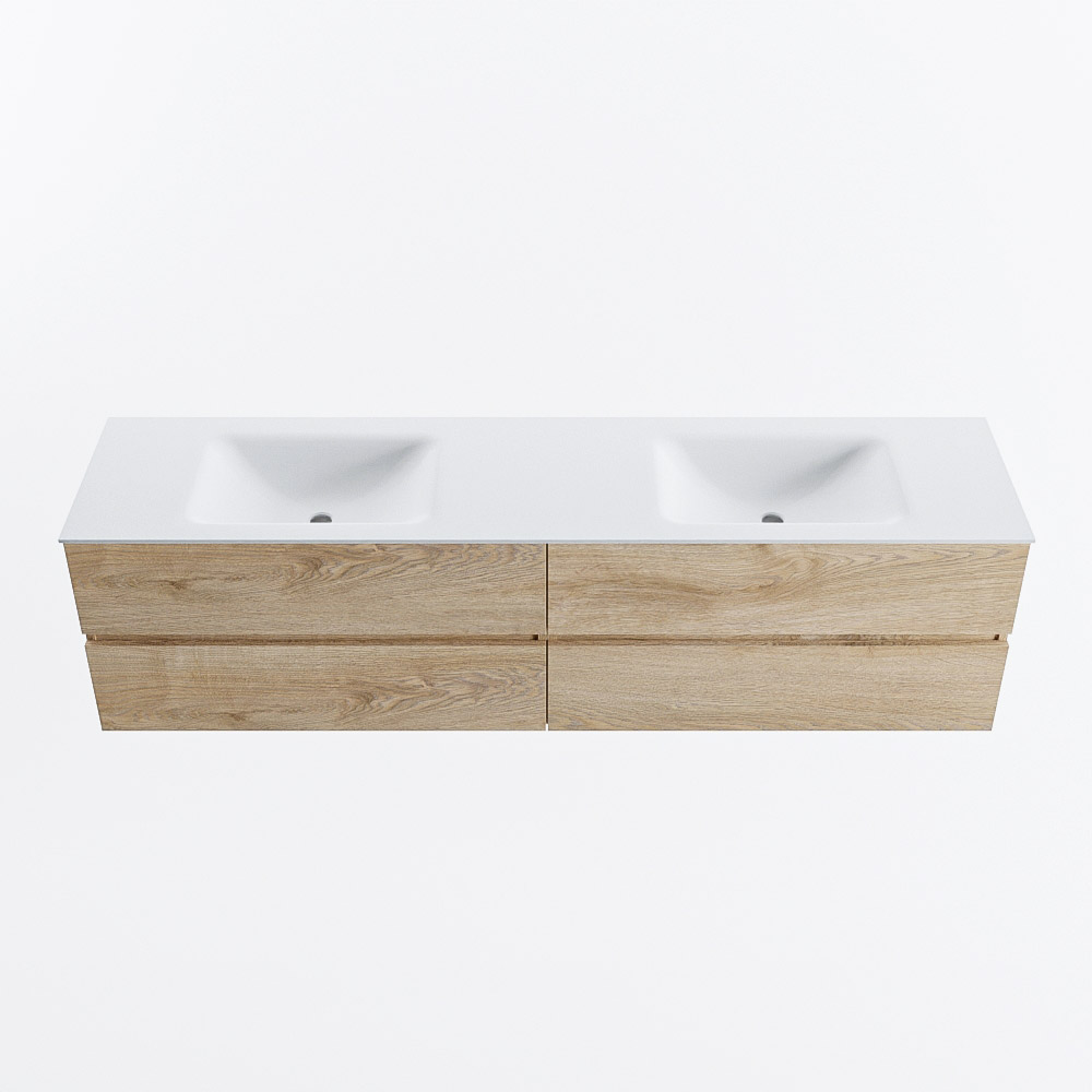 Mondiaz VICA 190cm badmeubel onderkast Washed Oak 4 lades. Wastafel CLOUD dubbel 2 kraangaten, kleur Talc.