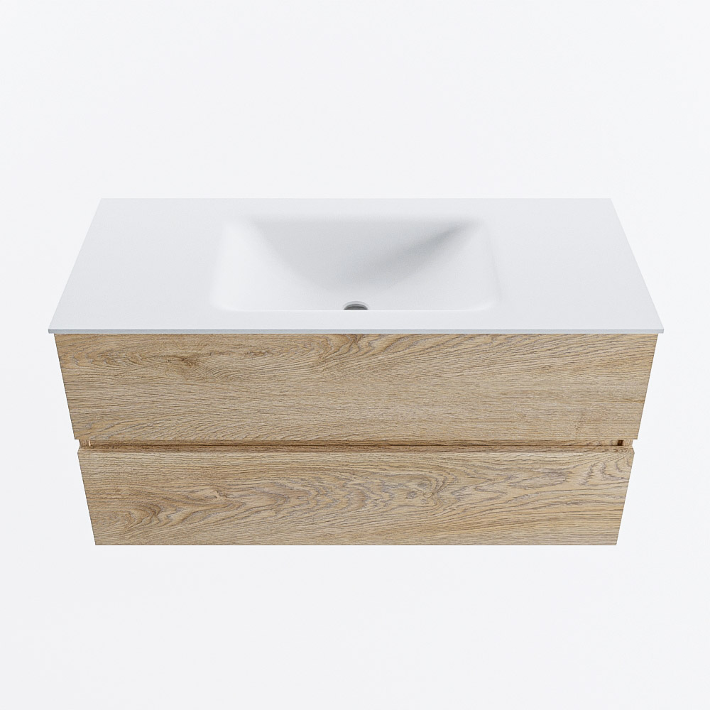 Mondiaz VICA 100cm badmeubel onderkast Washed Oak 2 lades. Wastafel CLOUD midden 1 kraangat, kleur Talc.