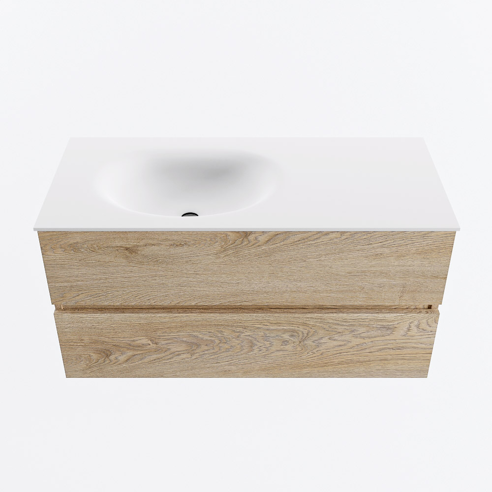 Mondiaz VICA 100cm badmeubel onderkast Washed Oak 2 lades. Wastafel MOON links zonder kraangat, kleur Talc.