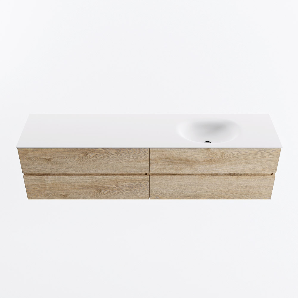 Mondiaz VICA 190cm badmeubel onderkast Washed Oak 4 lades. Wastafel MOON rechts 1 kraangat, kleur Talc.