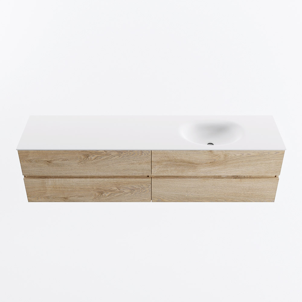 Mondiaz VICA 190cm badmeubel onderkast Washed Oak 4 lades. Wastafel MOON rechts zonder kraangat, kleur Talc.