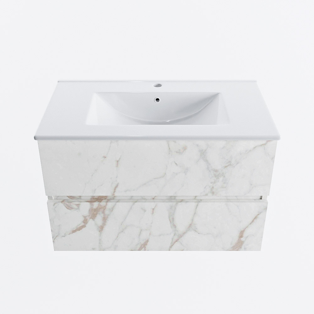 Mondiaz VICA 80cm badmeubel onderkast Carrara 2 lades. Wastafel DENIA midden 1 kraangat, kleur Glanzend Wit.