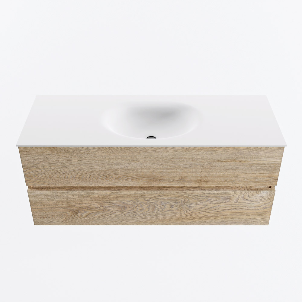 Mondiaz VICA 120cm badmeubel onderkast Washed Oak 2 lades. Wastafel MOON midden 1 kraangat, kleur Talc.