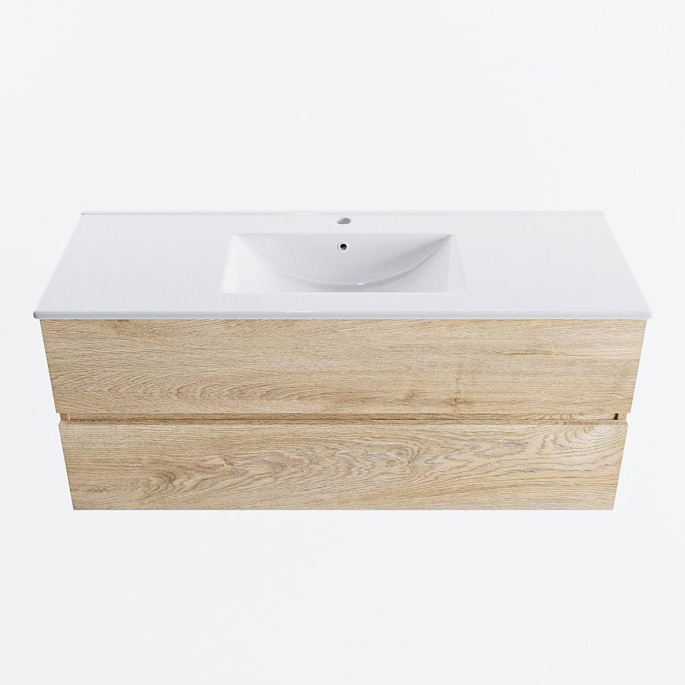 Mondiaz VICA 120cm badmeubel onderkast Washed Oak 2 lades. Wastafel DENIA midden 1 kraangat, kleur Glanzend Wit.