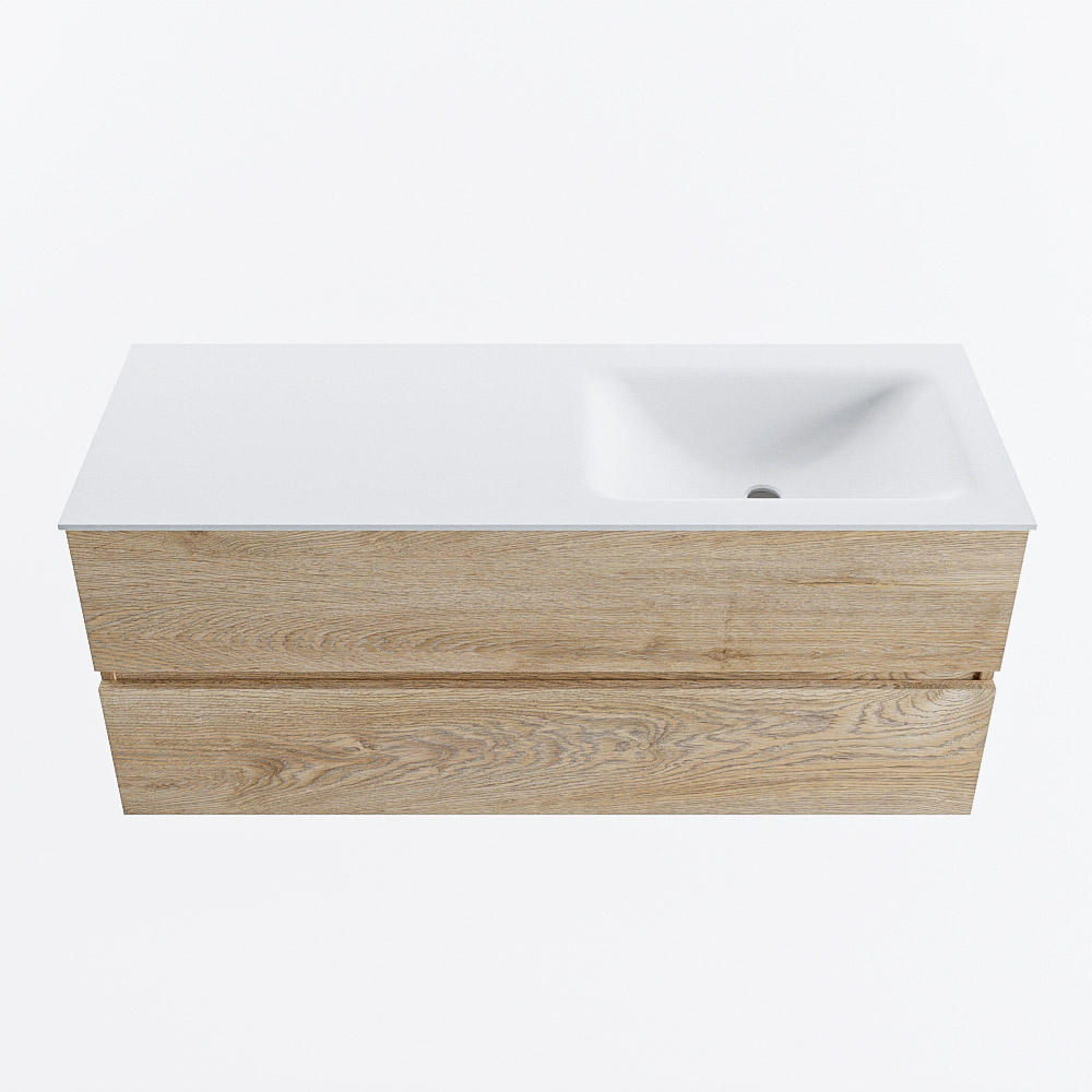 Mondiaz VICA 120cm badmeubel onderkast Washed Oak 2 lades. Wastafel CLOUD rechts zonder kraangat, kleur Talc.