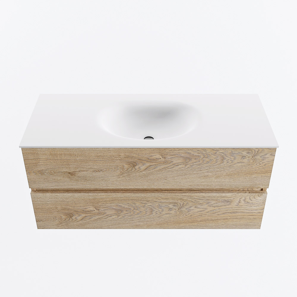 Mondiaz VICA 110cm badmeubel onderkast Washed Oak 2 lades. Wastafel MOON midden 1 kraangat, kleur Talc.