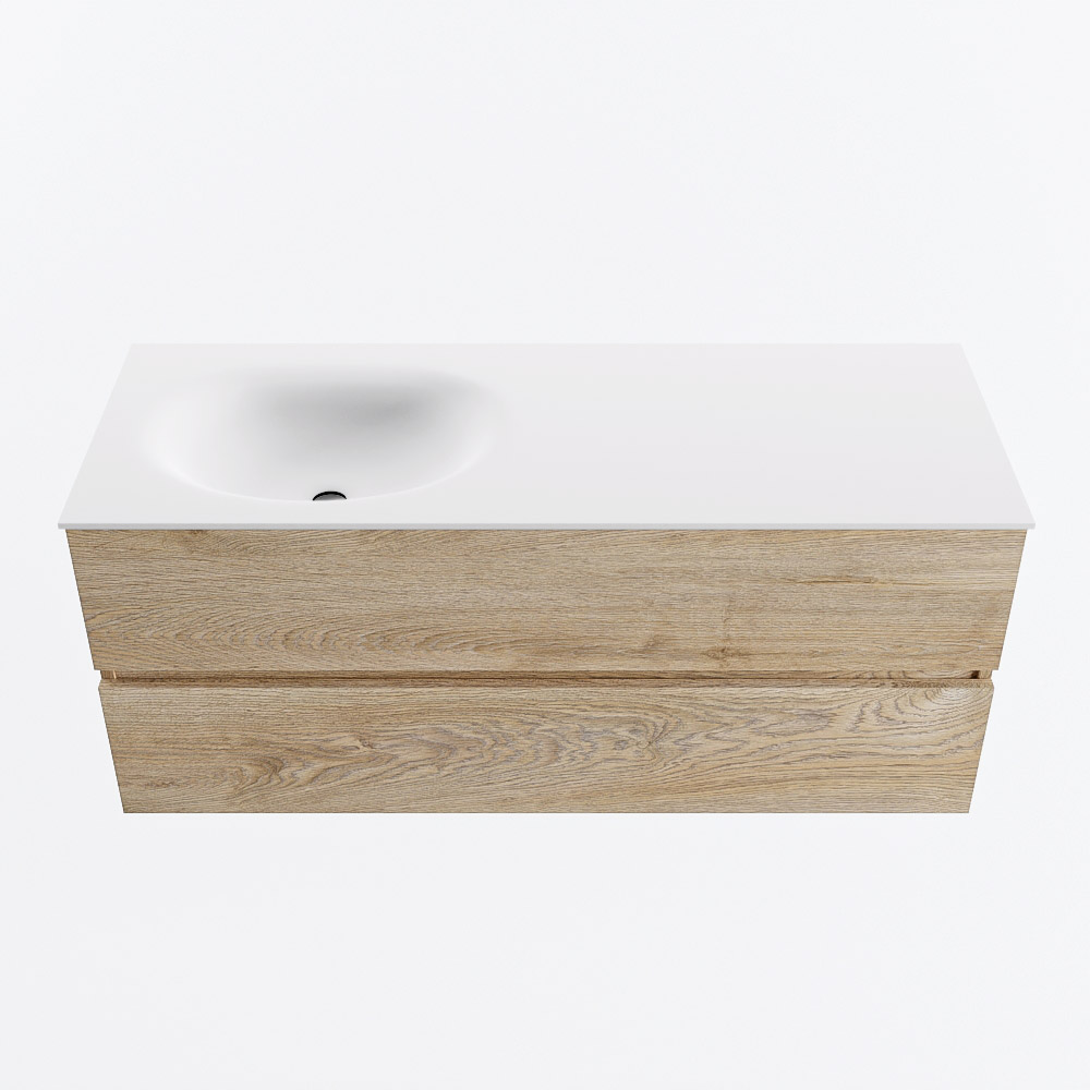 Mondiaz VICA 120cm badmeubel onderkast Washed Oak 2 lades. Wastafel MOON links zonder kraangat, kleur Talc.