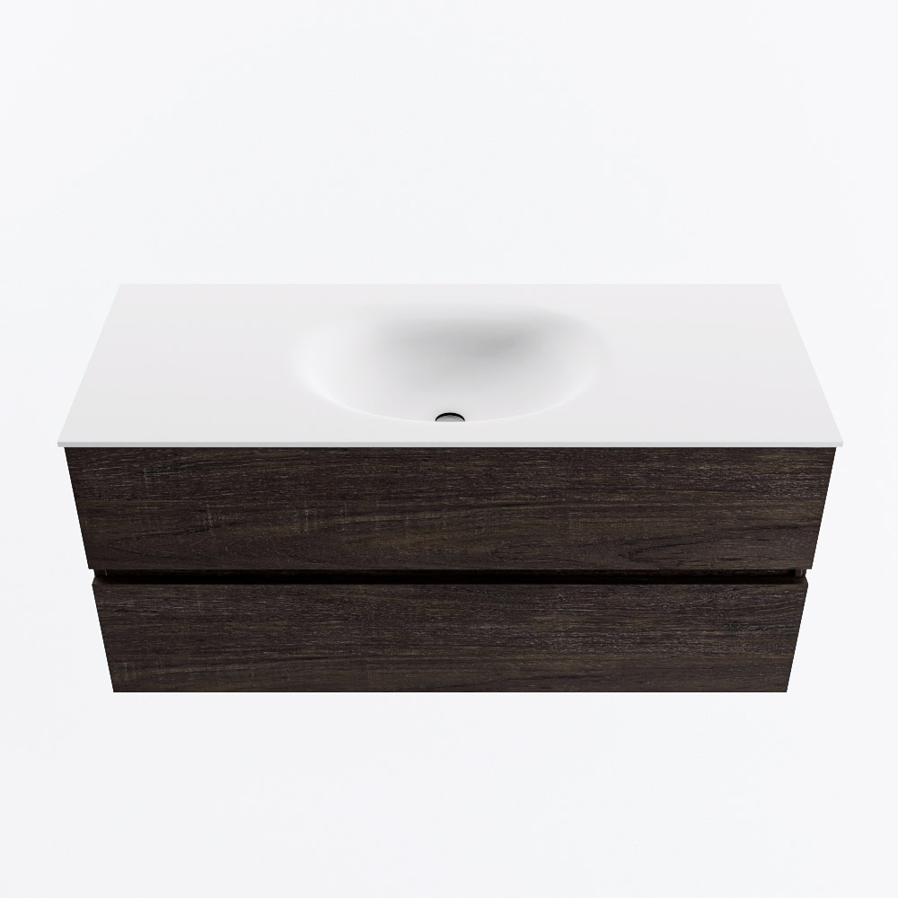 Mondiaz VICA 110cm badmeubel onderkast Dark Brown 2 lades. Wastafel MOON midden zonder kraangat, kleur Talc.