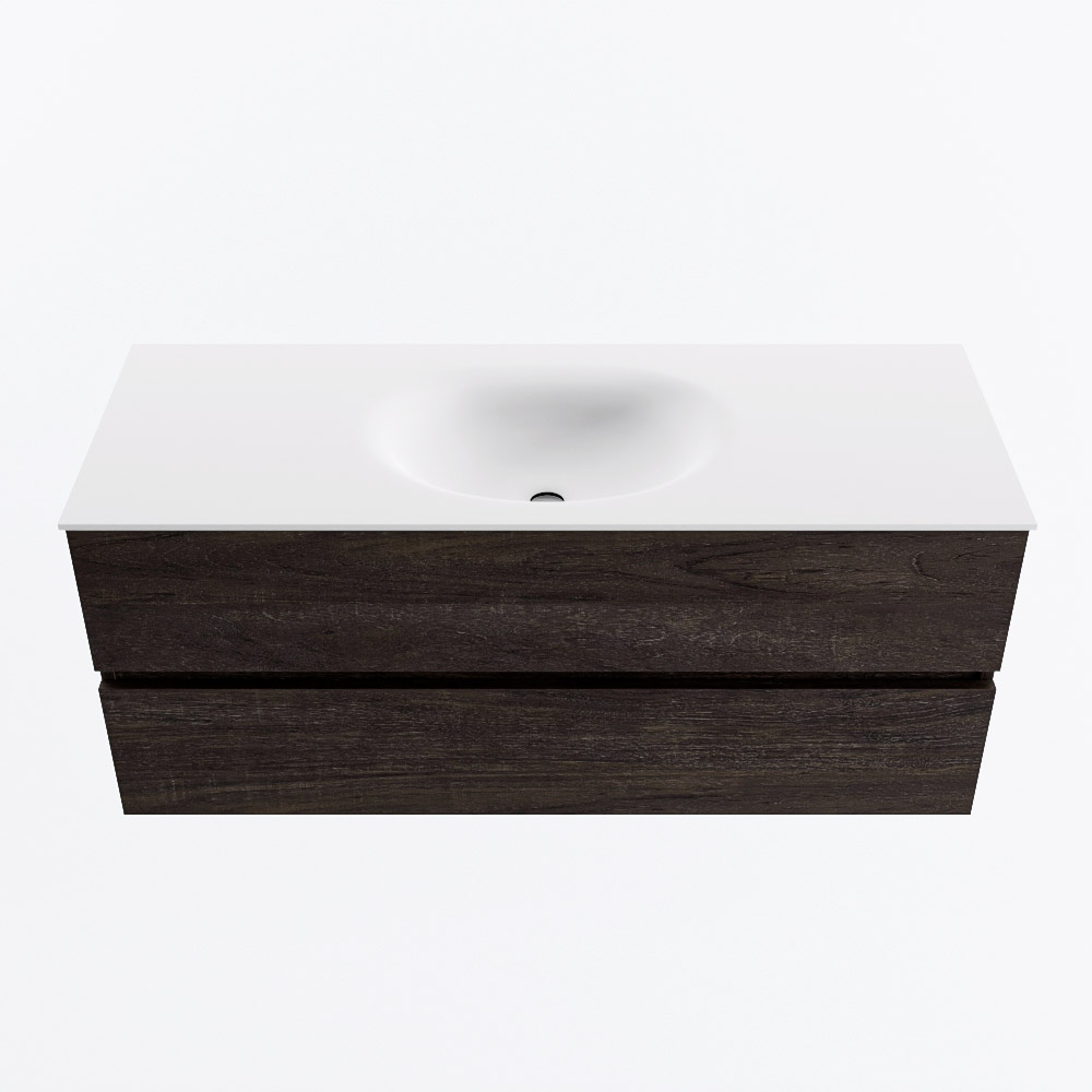 Mondiaz VICA 120cm badmeubel onderkast Dark Brown 2 lades. Wastafel MOON midden zonder kraangat, kleur Talc.