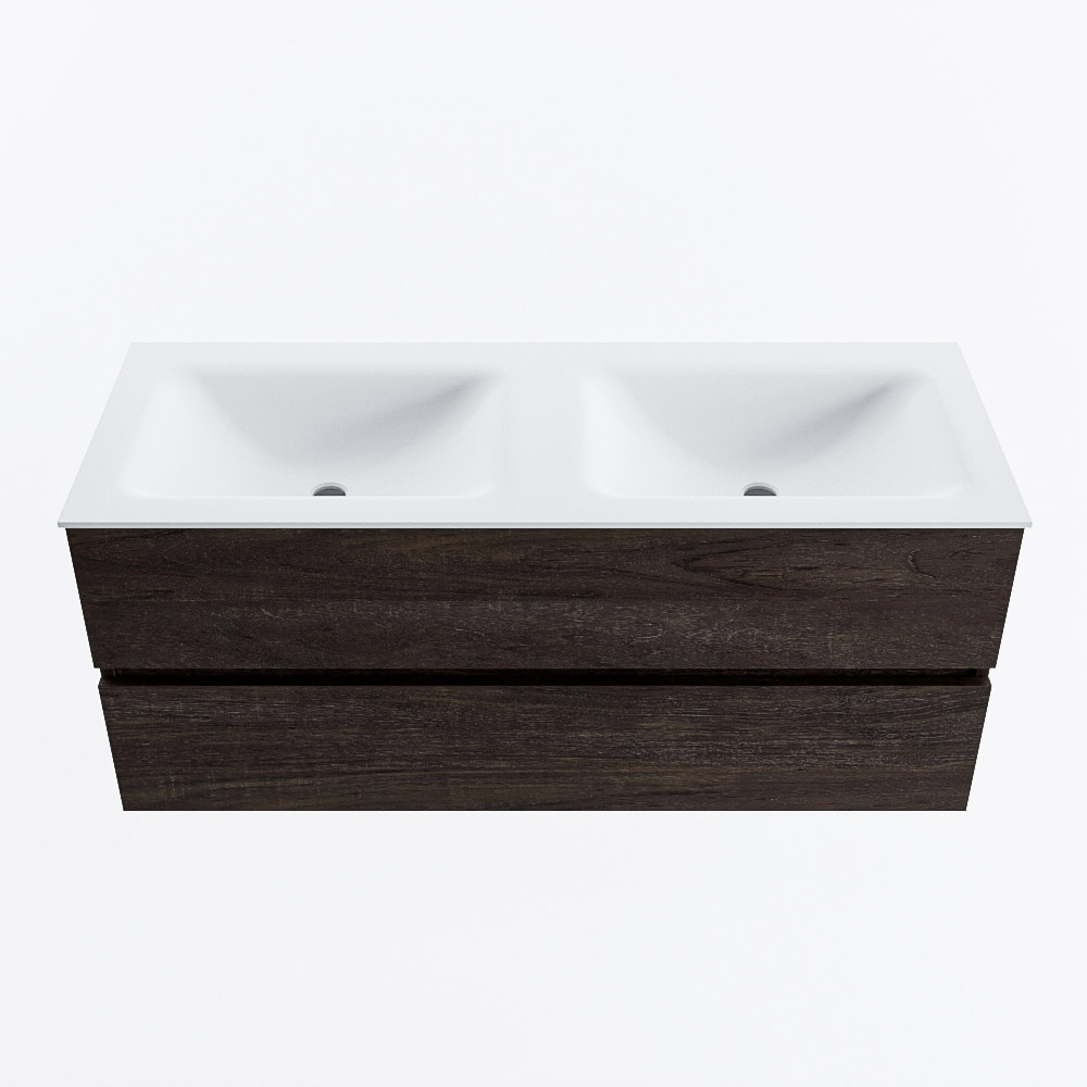 Mondiaz VICA 120cm badmeubel onderkast Dark Brown 2 lades. Wastafel CLOUD dubbel 2 kraangaten, kleur Talc.