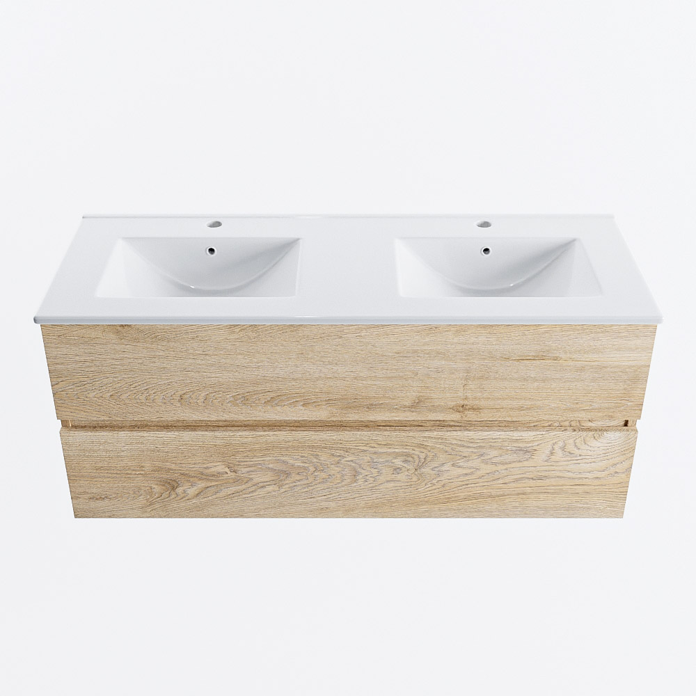 Mondiaz VICA 120cm badmeubel onderkast Washed Oak 2 lades. Wastafel DENIA dubbel 2 kraangaten, kleur Glanzend Wit.
