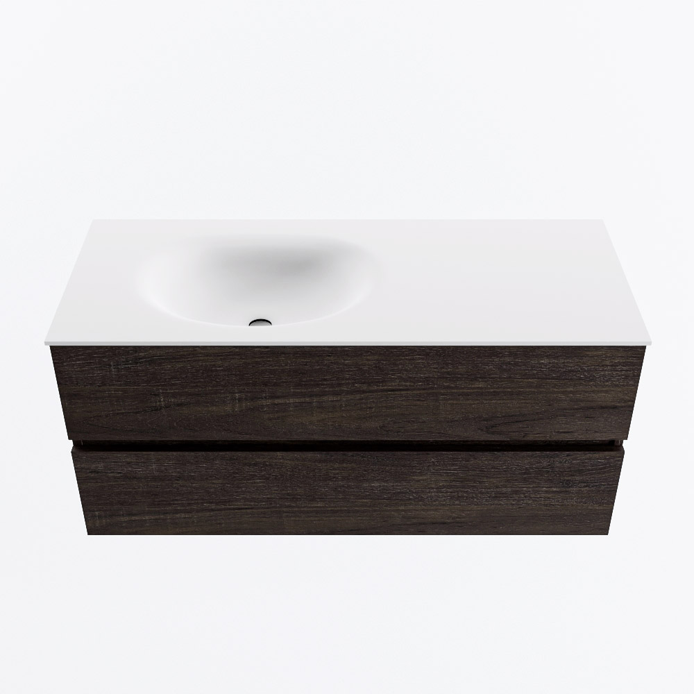 Mondiaz VICA 110cm badmeubel onderkast Dark Brown 2 lades. Wastafel MOON links zonder kraangat, kleur Talc.