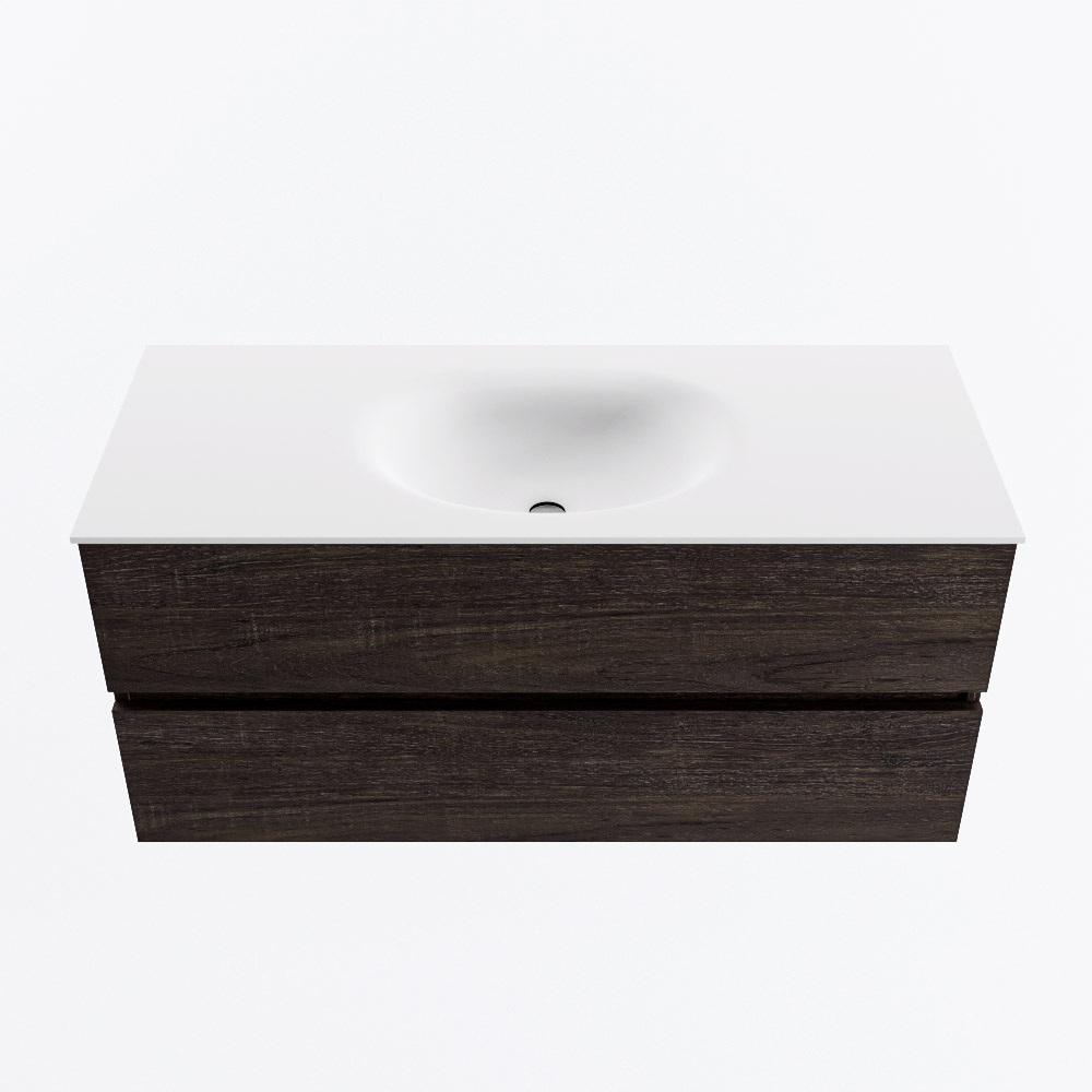 Mondiaz VICA 110cm badmeubel onderkast Dark Brown 2 lades. Wastafel MOON midden 1 kraangat, kleur Talc.