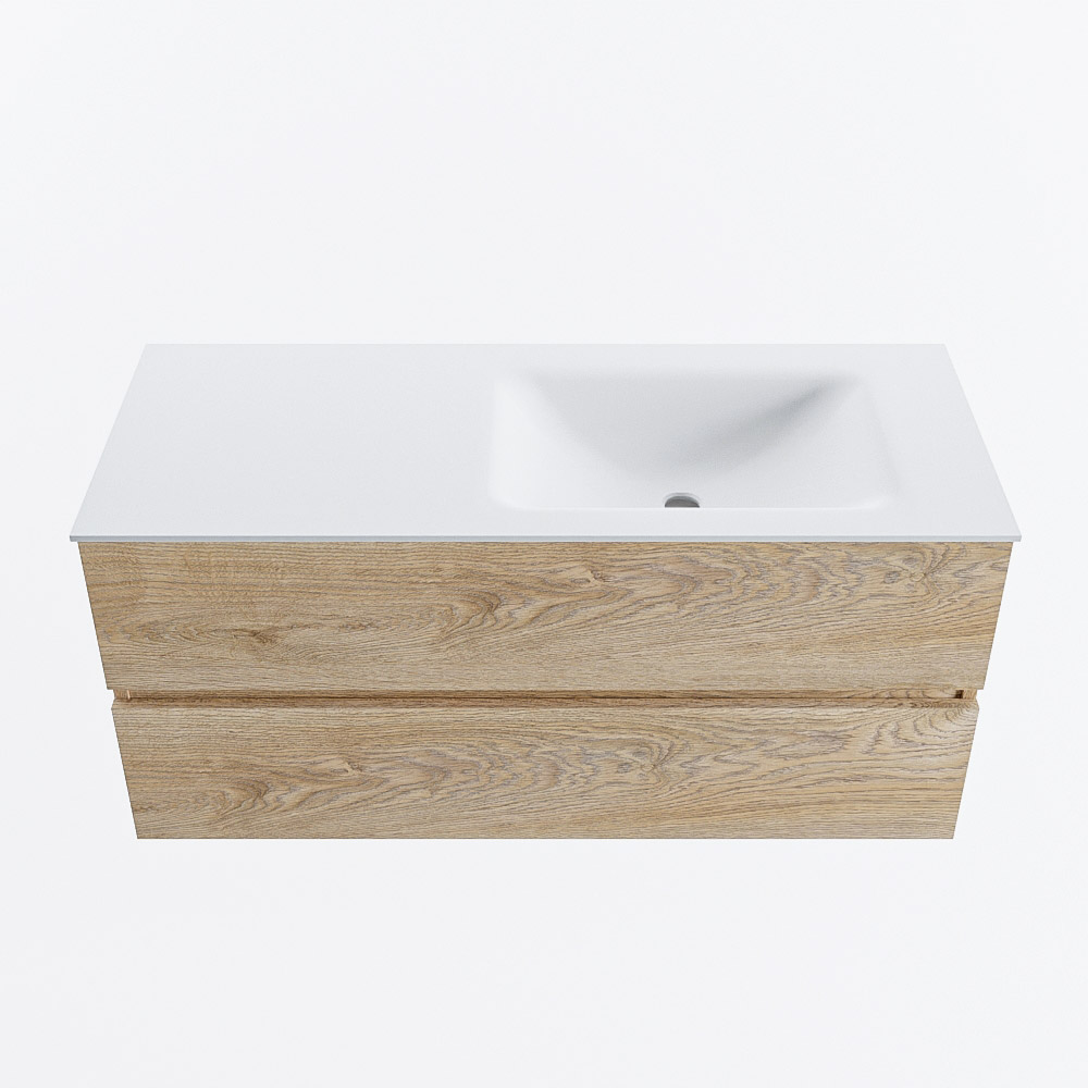 Mondiaz VICA 110cm badmeubel onderkast Washed Oak 2 lades. Wastafel CLOUD rechts 1 kraangat, kleur Talc.