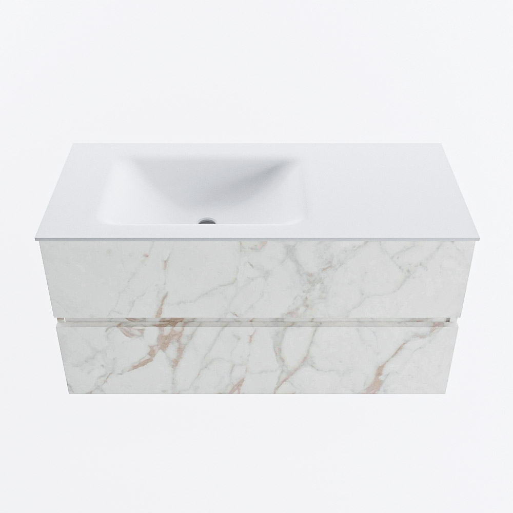 Mondiaz VICA 100cm badmeubel onderkast Carrara 2 lades. Wastafel CLOUD links zonder kraangat, kleur Talc.