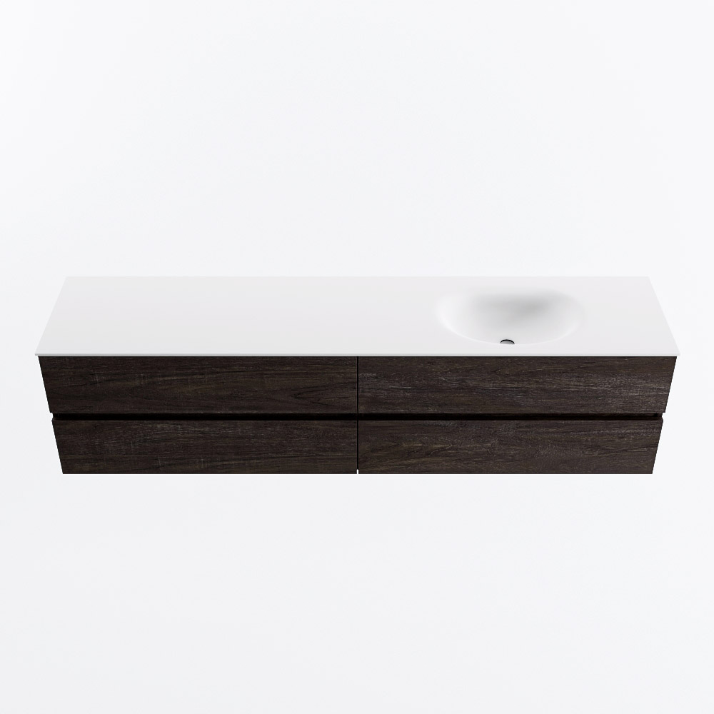 Mondiaz VICA 200cm badmeubel onderkast Dark Brown 4 lades. Wastafel MOON rechts zonder kraangat, kleur Talc.