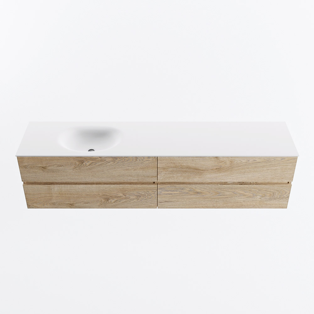 Mondiaz VICA 200cm badmeubel onderkast Washed Oak 4 lades. Wastafel MOON links 1 kraangat, kleur Talc.