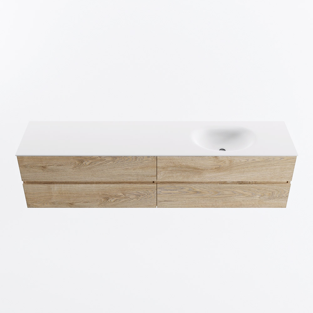 Mondiaz VICA 200cm badmeubel onderkast Washed Oak 4 lades. Wastafel MOON rechts zonder kraangat, kleur Talc.
