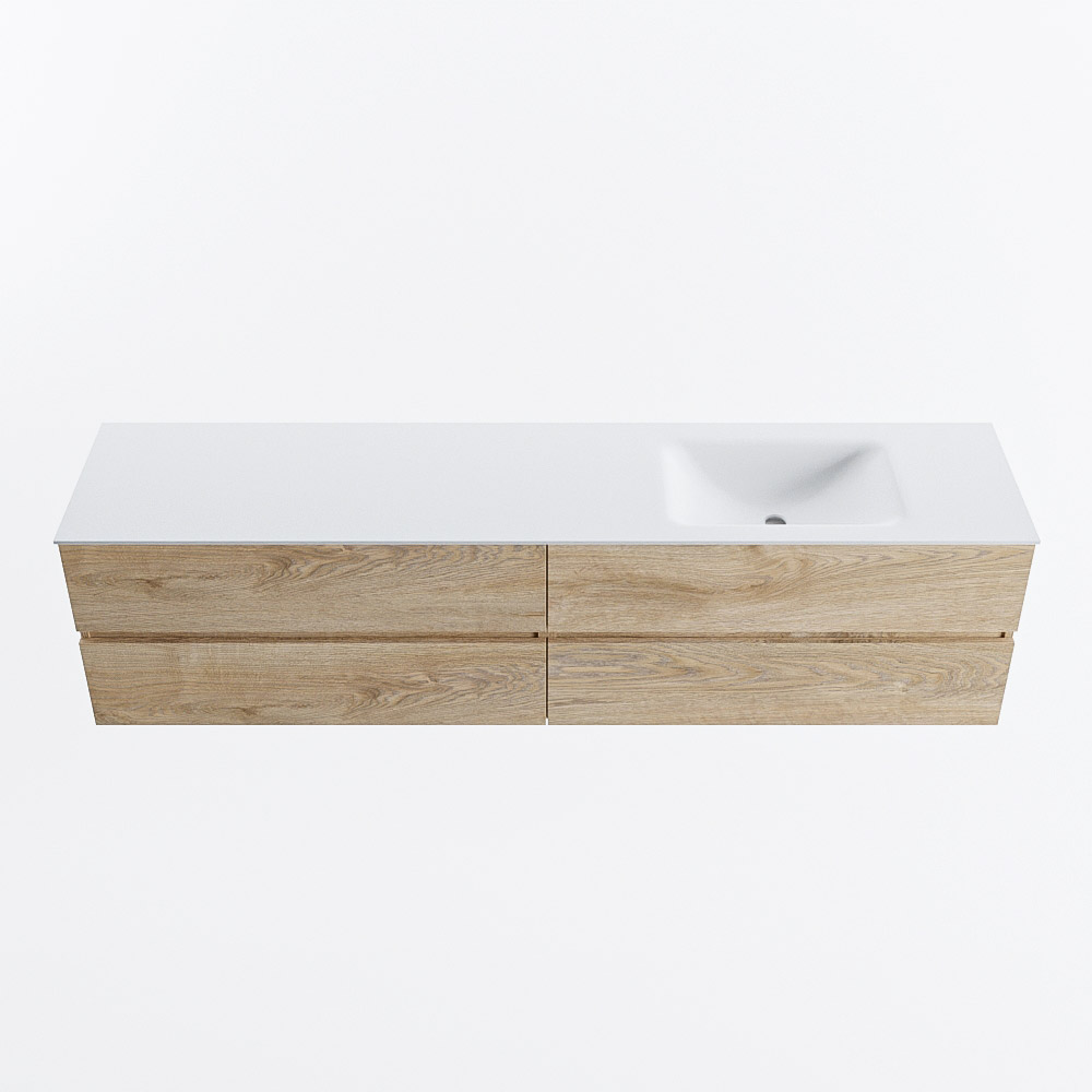 Mondiaz VICA 200cm badmeubel onderkast Washed Oak 4 lades. Wastafel CLOUD rechts zonder kraangat, kleur Talc.
