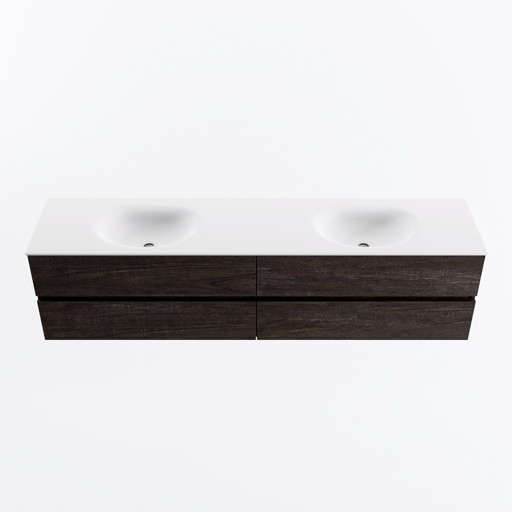 Mondiaz VICA 200cm badmeubel onderkast Dark Brown 4 lades. Wastafel MOON dubbel zonder kraangat, kleur Talc.
