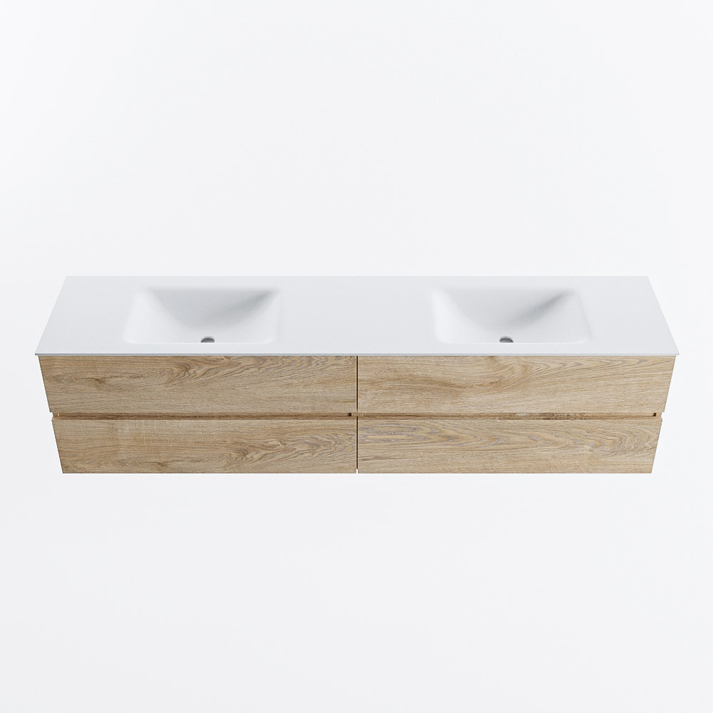 Mondiaz VICA 200cm badmeubel onderkast Washed Oak 4 lades. Wastafel CLOUD dubbel 2 kraangaten, kleur Talc.