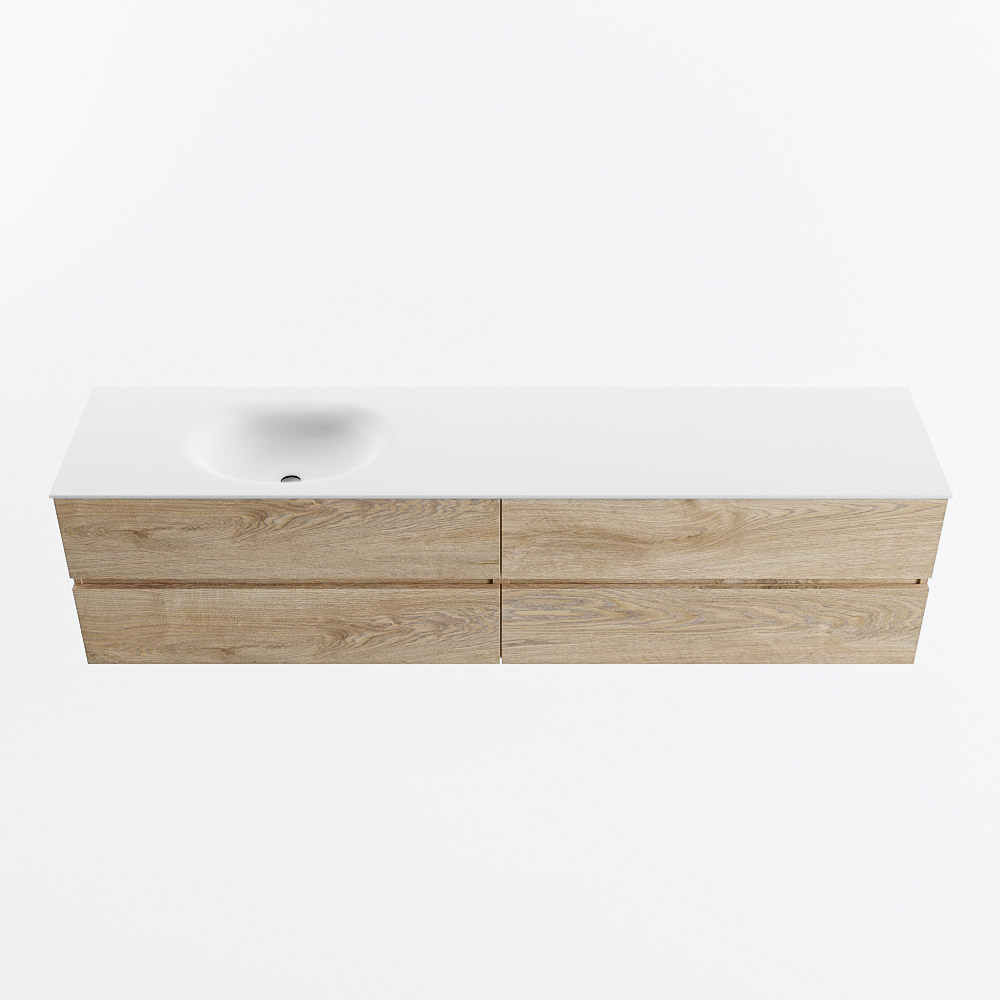 Mondiaz VICA 200cm badmeubel onderkast Washed Oak 4 lades. Wastafel MOON links zonder kraangat, kleur Talc.