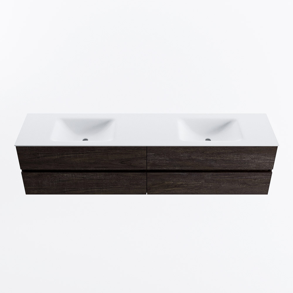 Mondiaz VICA 200cm badmeubel onderkast Dark Brown 4 lades. Wastafel CLOUD dubbel zonder kraangat, kleur Talc.