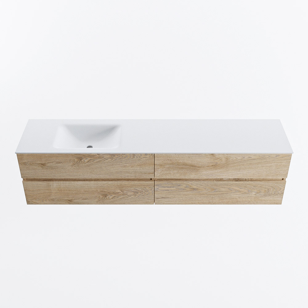 Mondiaz VICA 200cm badmeubel onderkast Washed Oak 4 lades. Wastafel CLOUD links zonder kraangat, kleur Talc.