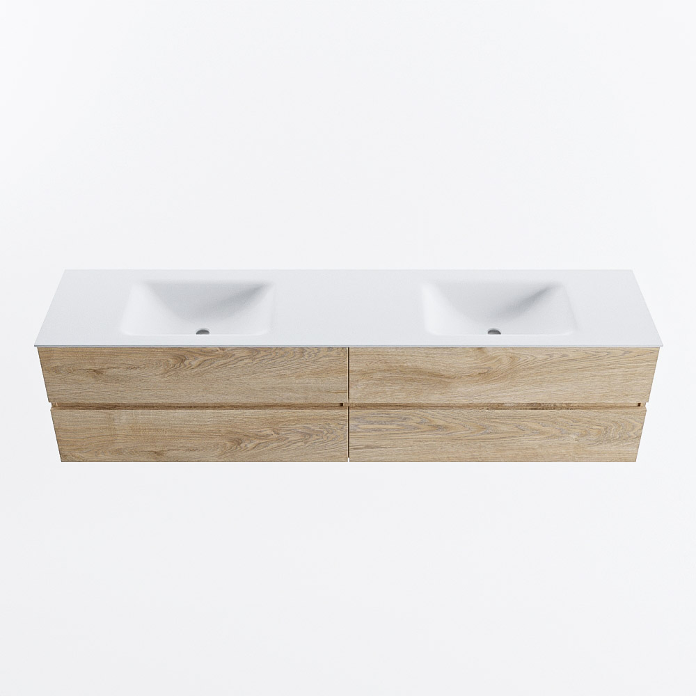 Mondiaz VICA 200cm badmeubel onderkast Washed Oak 4 lades. Wastafel CLOUD dubbel zonder kraangat, kleur Talc.