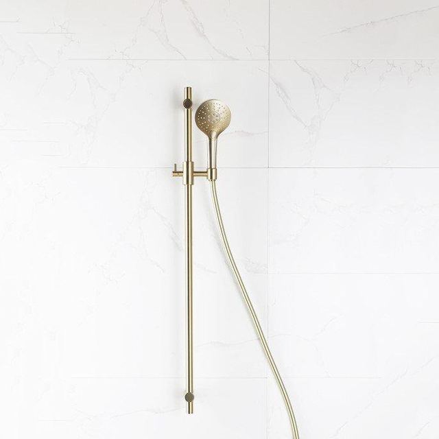 Fortifura Calvi glijstangset met ronde handdouche, gladde doucheslang Geborsteld Messing PVD (Goud) SW767490/SW799449/SW728177